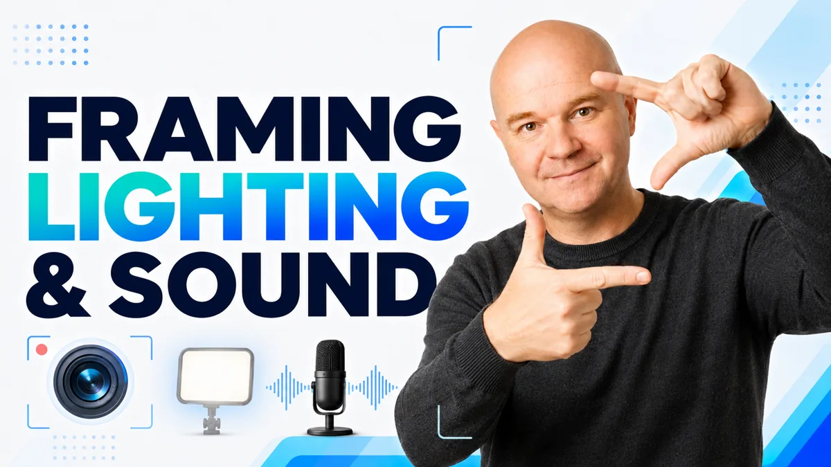 Screen Promos thumbnail for framing, lighting and sound with camera, light and microphone graphics.